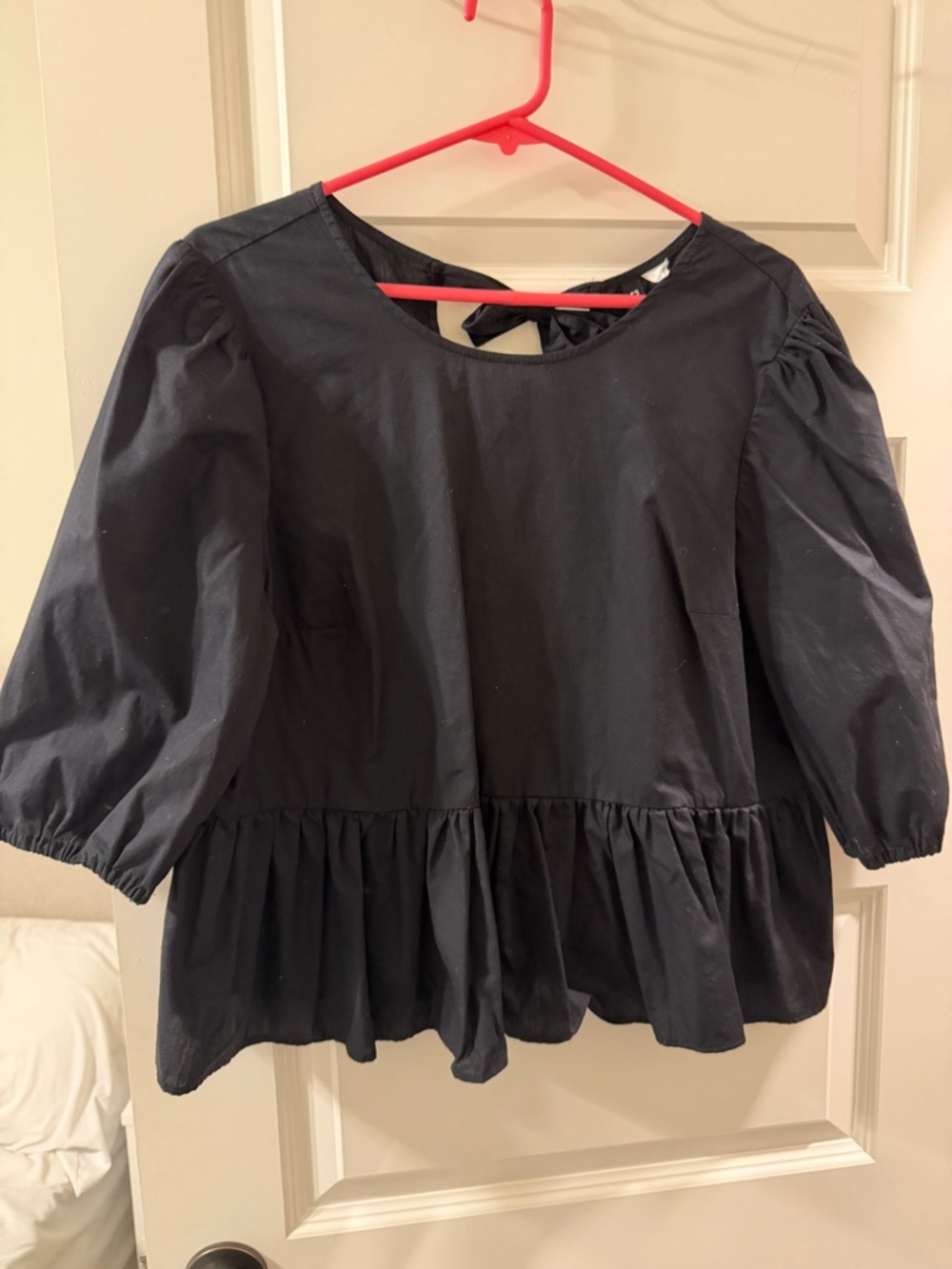 H&M Black Peplum Puff-Sleeve Tie-Back Top